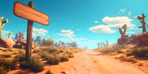 Foto op Plexiglas A desert landscape road with a direction wood sign, blue sky and sunshine nature © Orkidia