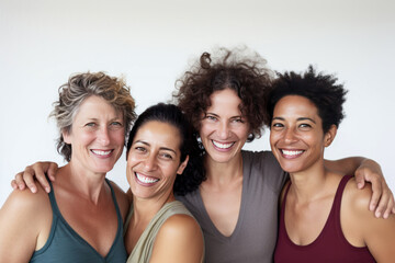 Fototapeta premium Four diverse women posing together in front of a white background.