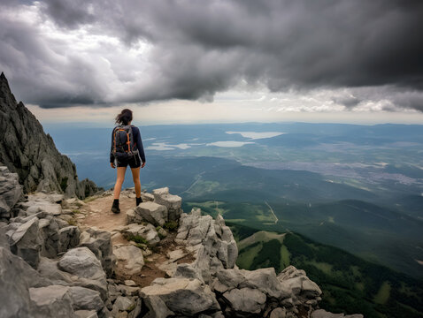 A woman hiker seen from back, watching a beautiful point of view on a top of a mountain