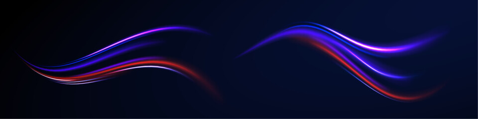 Glitter sparkle star trail, light effect, abstract waves flow vector illustration. Vector image of colorful light trails with motion blur effect, long time exposure isolated on background.	