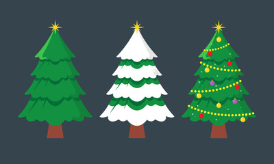 Cartoon Decorated Christmas Trees Collection with Balls, Stars, and Garland Fir Trees Illustration