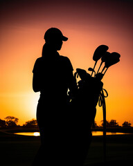 woman golfer after a round of golf at sunset, silhouette of a person holding a golf club