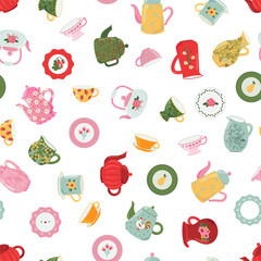 Ceramic crockery texture. dishes, antique plates, milk jugs, cups, mugs, teapots and kettles vector seamless pattern