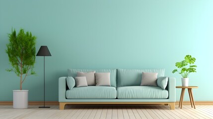 Fototapeta na wymiar Light green sofa against green wall with plants, wooden floor, generative AI.