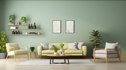 Yellow sofa with 2 armchairs and coffee table against light green wall with 2 art posters and decor plus plants, generative AI.