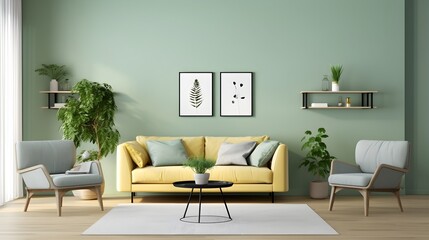 Living room interior Yellow sofa and 2 armchairs with plants against green wall with 2 art posters, generative AI.