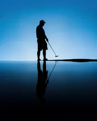 Tuinposter silhouette of a man holding a golf club in a minimalist blue background  © kiddsgn