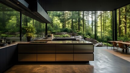 Modern interior kitchen wooden counter with dark sink and glass wall with forest outside and dining table, generative AI.