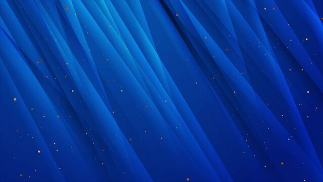 Deep blue glossy striped abstract background with golden particles. Seamless looping motion design. Video animation Ultra HD 4K 3840x2160