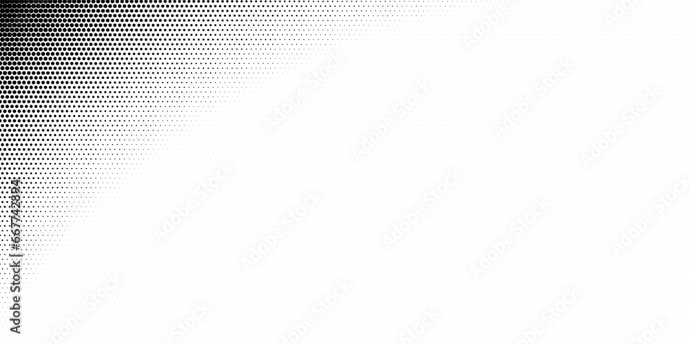 Poster pixel corner with a halftone raster pattern of small black circles on a white background. monochrome