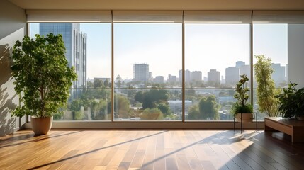 Wide empty room or living room with plants with sunlight coming from balcony or glass wall, skyscrapers outside, generative AI.