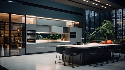 Modern interior long kitchen Extended counter with chairs and plants, glass wall, generative AI.