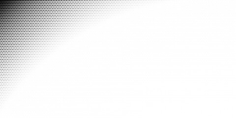Pixel corner with a halftone raster pattern of small black circles on a white background. Monochrome vector vignette