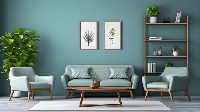 Modern living room with furniture's and art posters on the wall, generative AI.