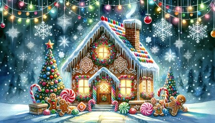 Fototapeta premium Festive gingerbread house adorned with colorful candies and icing, with a backdrop of twinkling lights and snowflakes.
