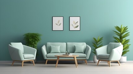 Modern living room with plants and 2 art posters on the wall, generative AI.