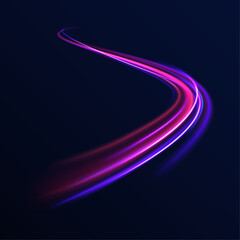 Dynamic composition of bright lines forming lights path of speed movement, futuristic dark background, graphic design element.