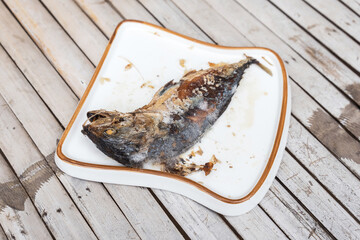 The food waste. Remains of fried fish. Fried mackerel that was forgotten on the table was spoiled...