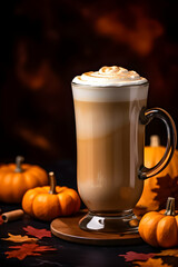 A pumpkin latte, in a transparent cup, captures the play of light and shadows as the warm, earthy tones blend with a frothy top, creating an inviting and visually pleasing composition.
