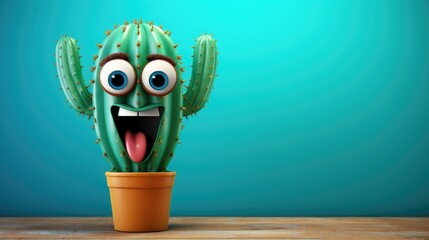 illustration of smiling cactus on blue background generative ai - obrazy, fototapety, plakaty