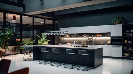 Modern interior kitchen with dark and white colors, chairs and glass wall, generative AI. 