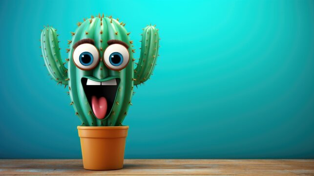 Naklejki illustration of smiling cactus on blue background generative ai