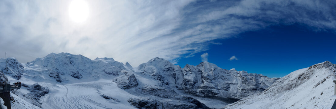 Panorama view of Bernina range from Diavolezza, from left to right: Piz Trovat, Piz Pal&uuml;, Bellavista, Crast' Ag&uuml;zza, Piz Bernina, Piz Prievlus and Piz Morteratsch. 