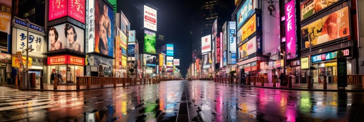 blurry of Neon lights and billboard advertisements on buildings at Akihabara at rainy night