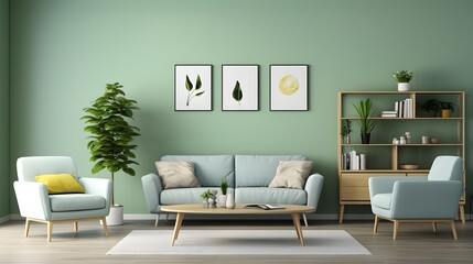 Home living room with green furniture's and decoration against green wall, generative AI.