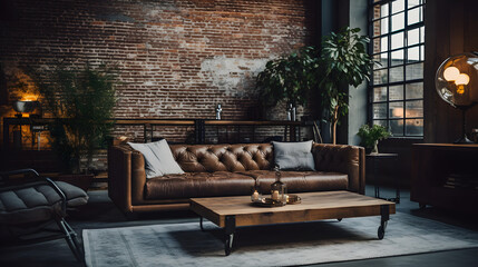 Fototapeta na wymiar Brick Walls, Leather Couch, Factory Theme, Industrial Style, Rustic Charm, Vintage Decor, Urban Chic, Exposed Brick, Warehouse Vibe, Masculine Design, Raw Materials, Steampunk Elements, Loft Living, 