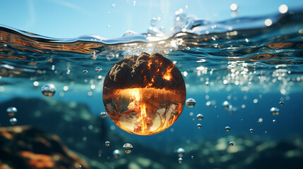 Sphere with fiery explosion in a calm ocean - obrazy, fototapety, plakaty