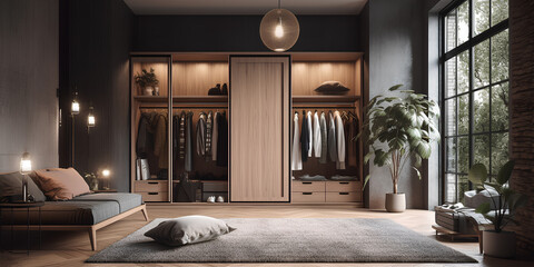 Interior of wardrobe with large window an carpet on the floor - obrazy, fototapety, plakaty