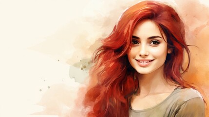 Smiling Teen Persian Woman with Red Straight Hair Watercolor Illustration. Portrait of Casual Person on white background with copy space. Photorealistic Ai Generated Horizontal Illustration.