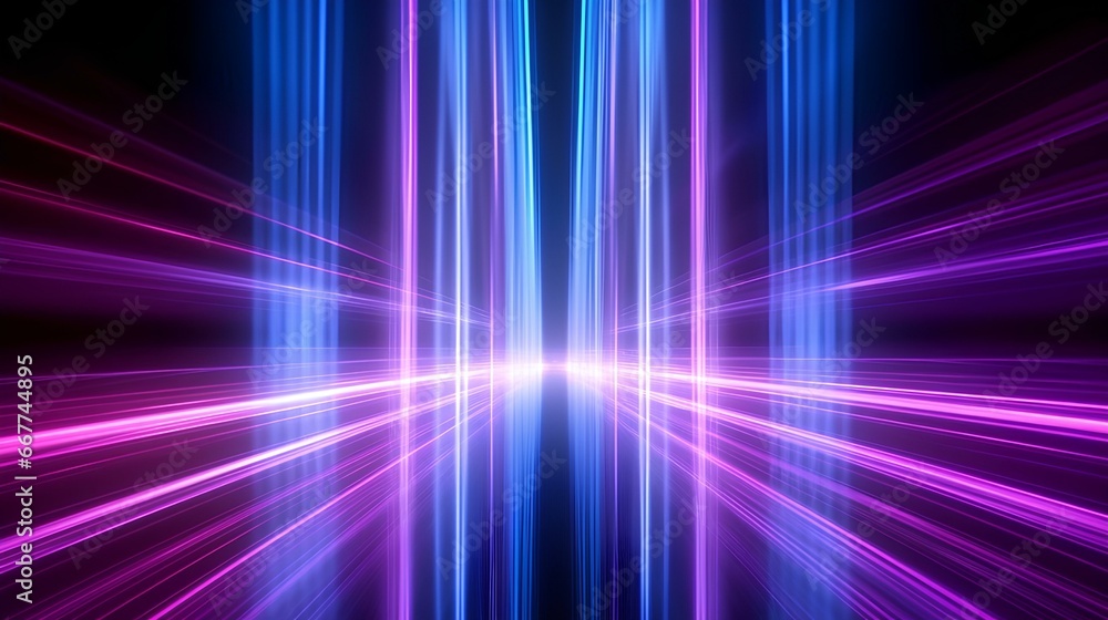 Wall mural vertical dim neon light trails with blue purple and pink lights. future optical fiber superfast data