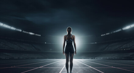 Fototapeta na wymiar Editorial back view of woman standing on track at night. Fitness, runner Concept.
