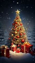 christmas tree with presents in the snow background