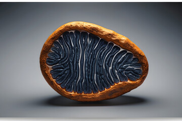 Mitochondria, cell organell with it`s membranes isolated on a gray background. 3D rendered illustration, AI generated.