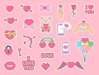 set of vector collection of stickers of objects related to Valentine's Day