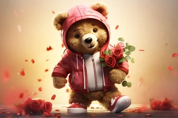 Foto op Canvas Stylish Teddy bear holding red rose on valentines day. © Lusi_mila