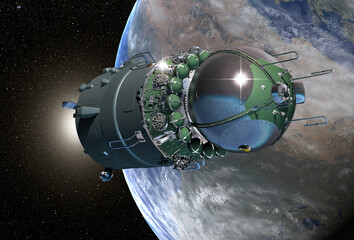 Spaceship Vostok-1 at the orbit. 3D Illustration.