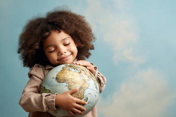 Child hugging planet Earth model. World heritage, environment protection, Earth day, ecology, world...