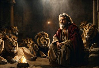 Daniel thrown into the lions den. Biblical story theme concept
