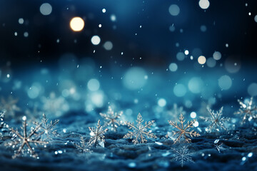 Obraz na płótnie Canvas Ice crystals and snowflakes close-up bokeh background. Happy New Year, Christmas, winter holiday season, snow melting. Blue snowy Christmas greetings card template. Sparkling snowflakes macro shot