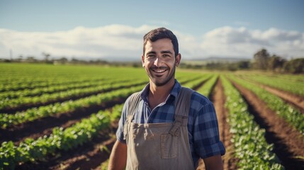 Fototapeta premium Happy male farmer looking at camera with beautiful field