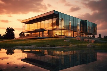 Fototapeta na wymiar Modern building with glass walls against cloudy sundown sky in countryside. Generative AI