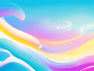 Abstract ocean waves with sun and sky, curvy lines, and fluid swirls. Copy space, and backdrop for text. Happy blue, pink, and yellow pastel colors summer sky vacation background