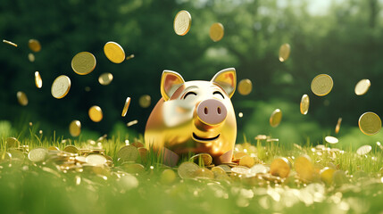 Happy piggy bank and flying golden coins on green garden background. Concept of saving money and seasonal sales. 