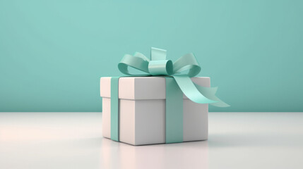White gift box with turquoise bow on a turquoise background. Birthday present - obrazy, fototapety, plakaty