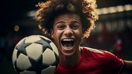 A soccer player's face filled with joy and excitement, captured in a close-up