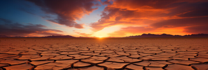 A sunset over a cracked desert somewhere on Earth, due to the lack of water and rising air temperatures caused by global warming - obrazy, fototapety, plakaty